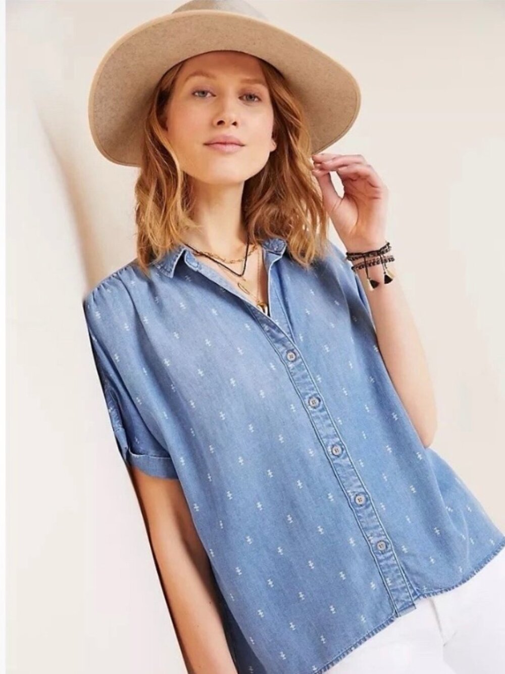 Anthropologie Short Sleeve Geo Print Button Up Chambray Top by Cloth & Stone - S